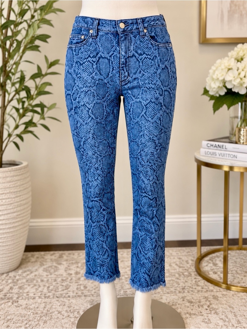 Michael Kors Blue Snake-Print Cropped Jeans
